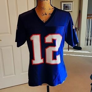 NFL Team Apparel Womens Patriots V-Neck Brady "Jersey" in Blue and Red, Size M